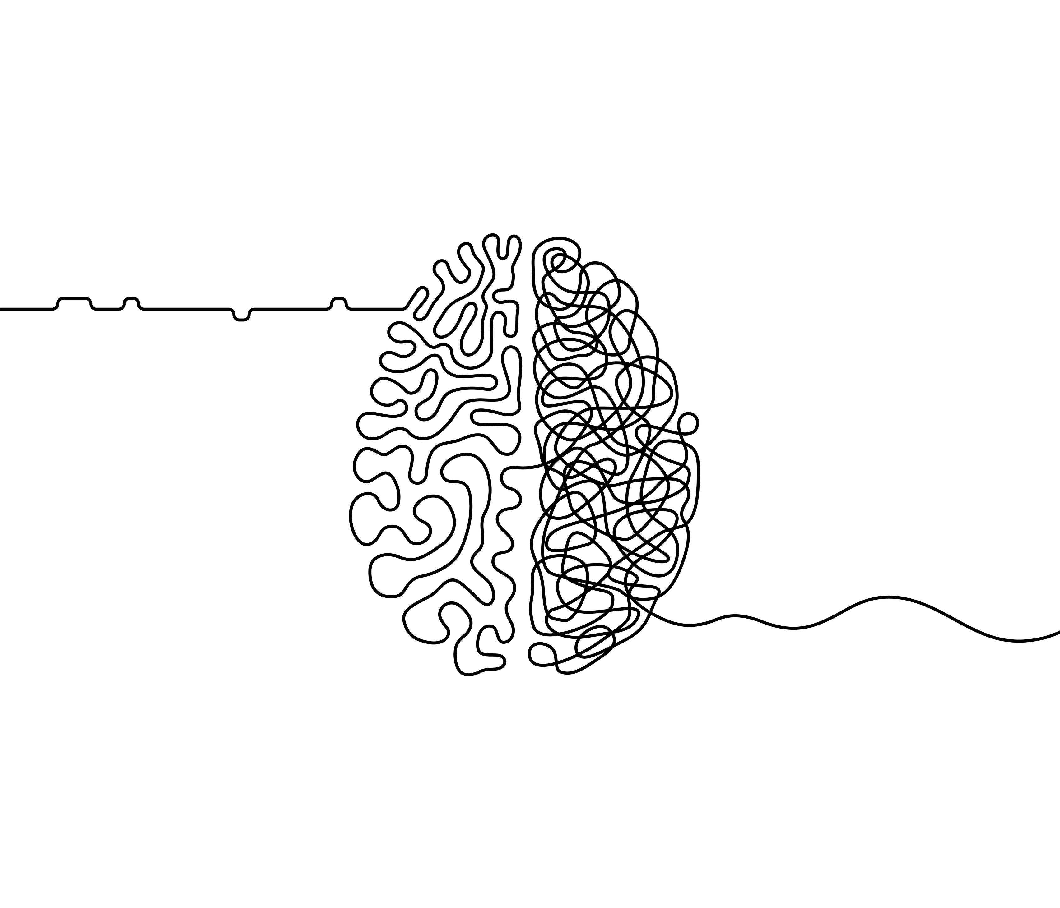 Continuous single-line drawing of a brain — an ordered left hemisphere flowing into a chaotic right hemisphere
